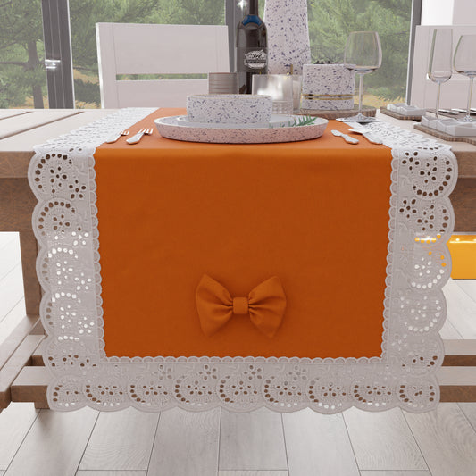 Chemin de table élégant Shabby Chic avec dentelle et nœuds orange