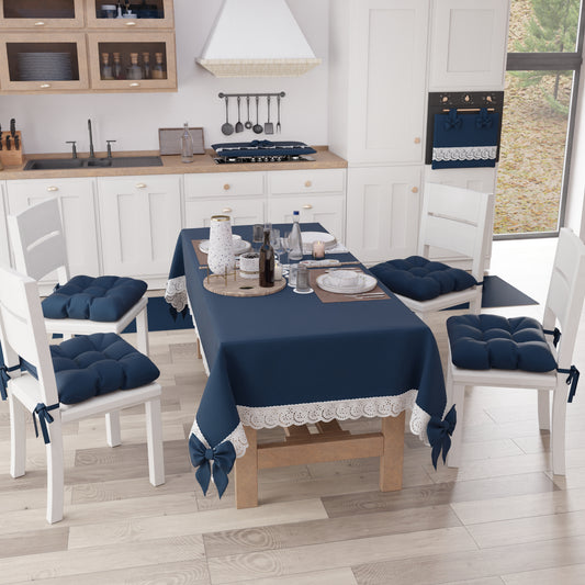 Nappe de Table Shabby Chic avec Dentelle et Noeuds Bleu Nuit