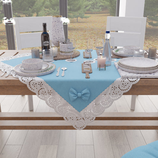 Centre de table cuisine élégant Shabby Chic avec dentelle et nœuds bleu ciel