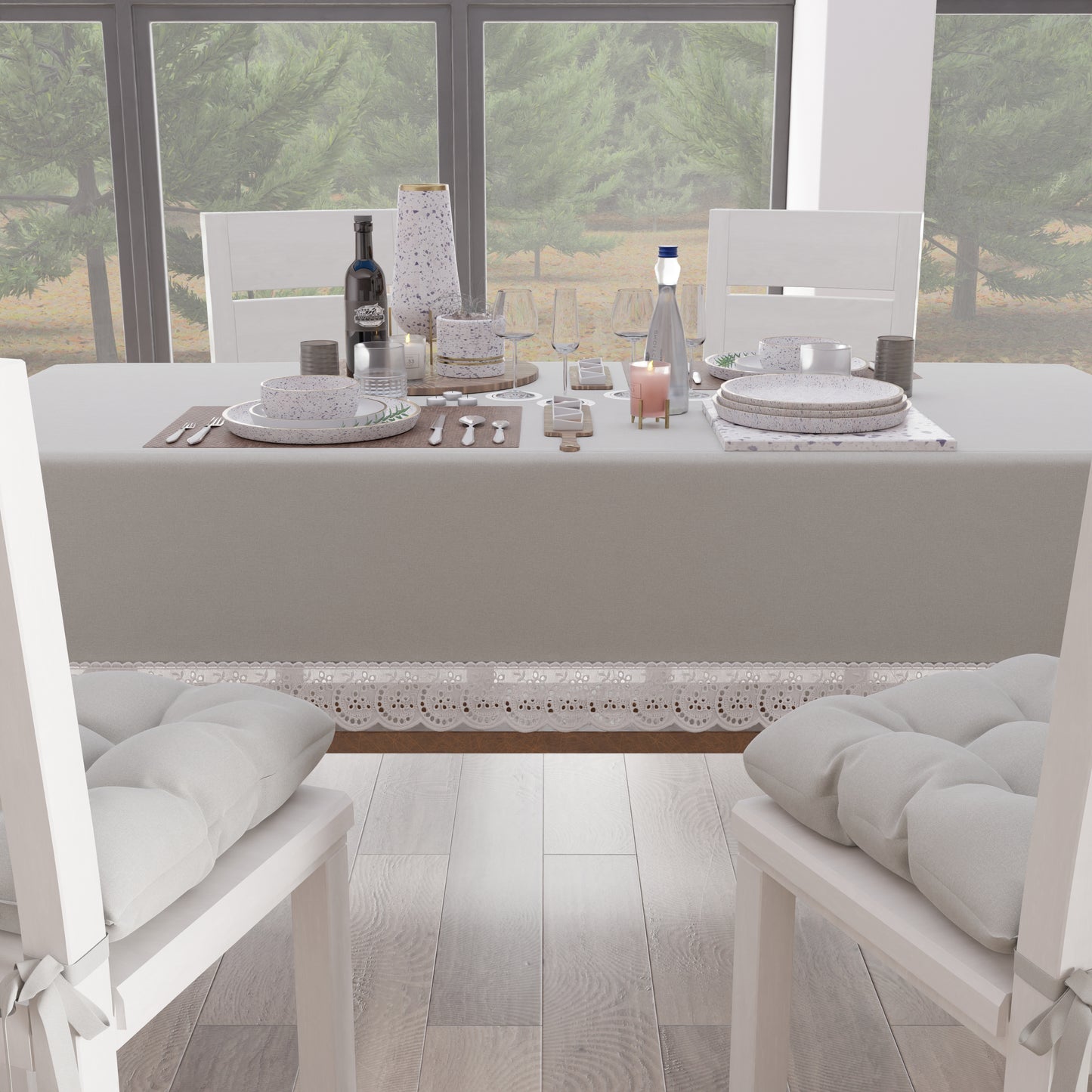 Tovaglia da Tavola Shabby Chic Copritavolo con Pizzo e Fiocchi Grigio Chiaro