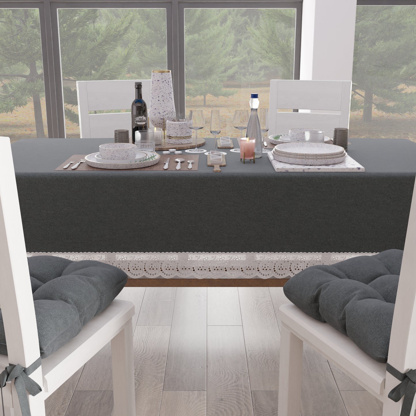 Nappe Shabby Chic avec dentelle et nœuds gris foncé
