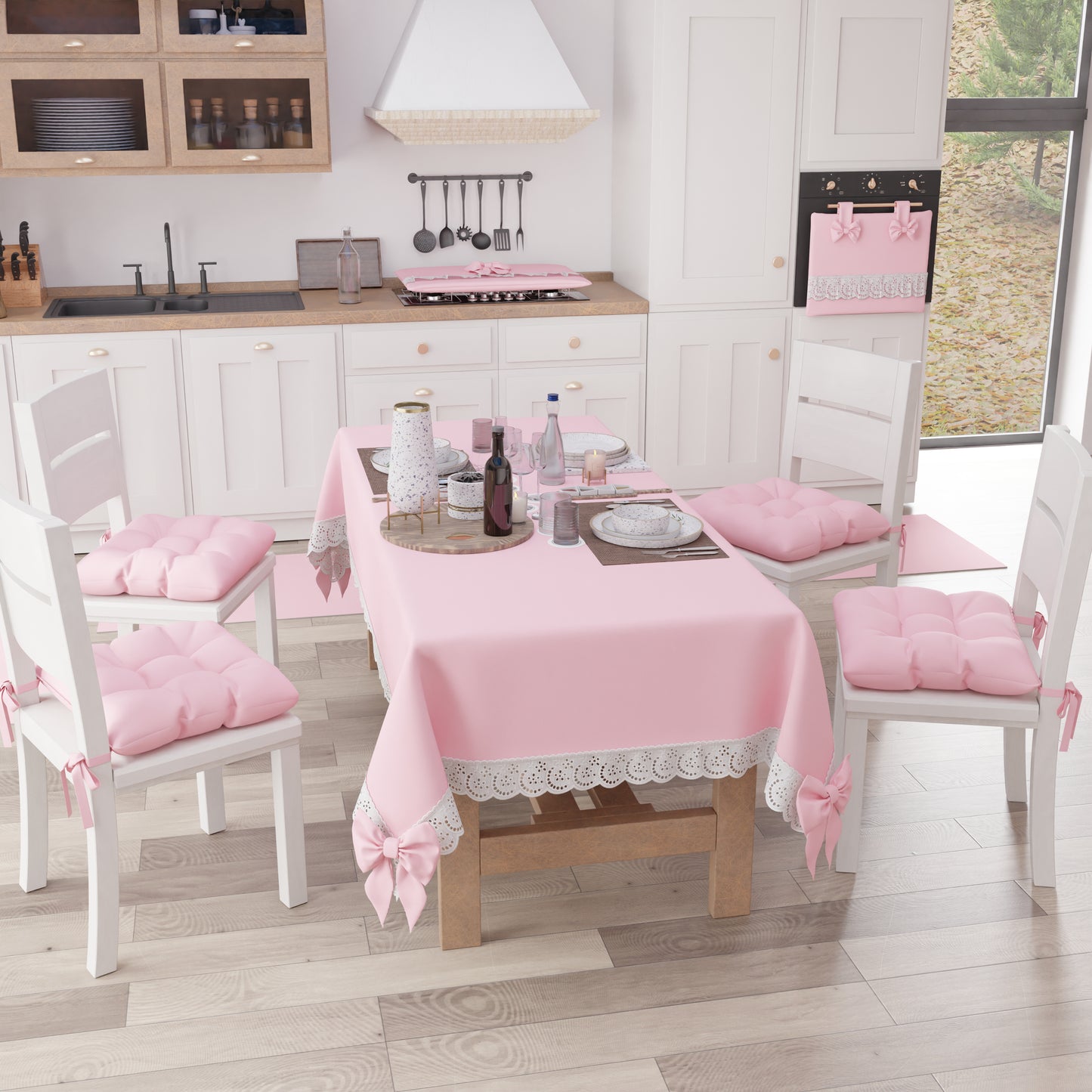 Tovaglia da Tavola Shabby Chic Copritavolo con Pizzo e Fiocchi Rosa