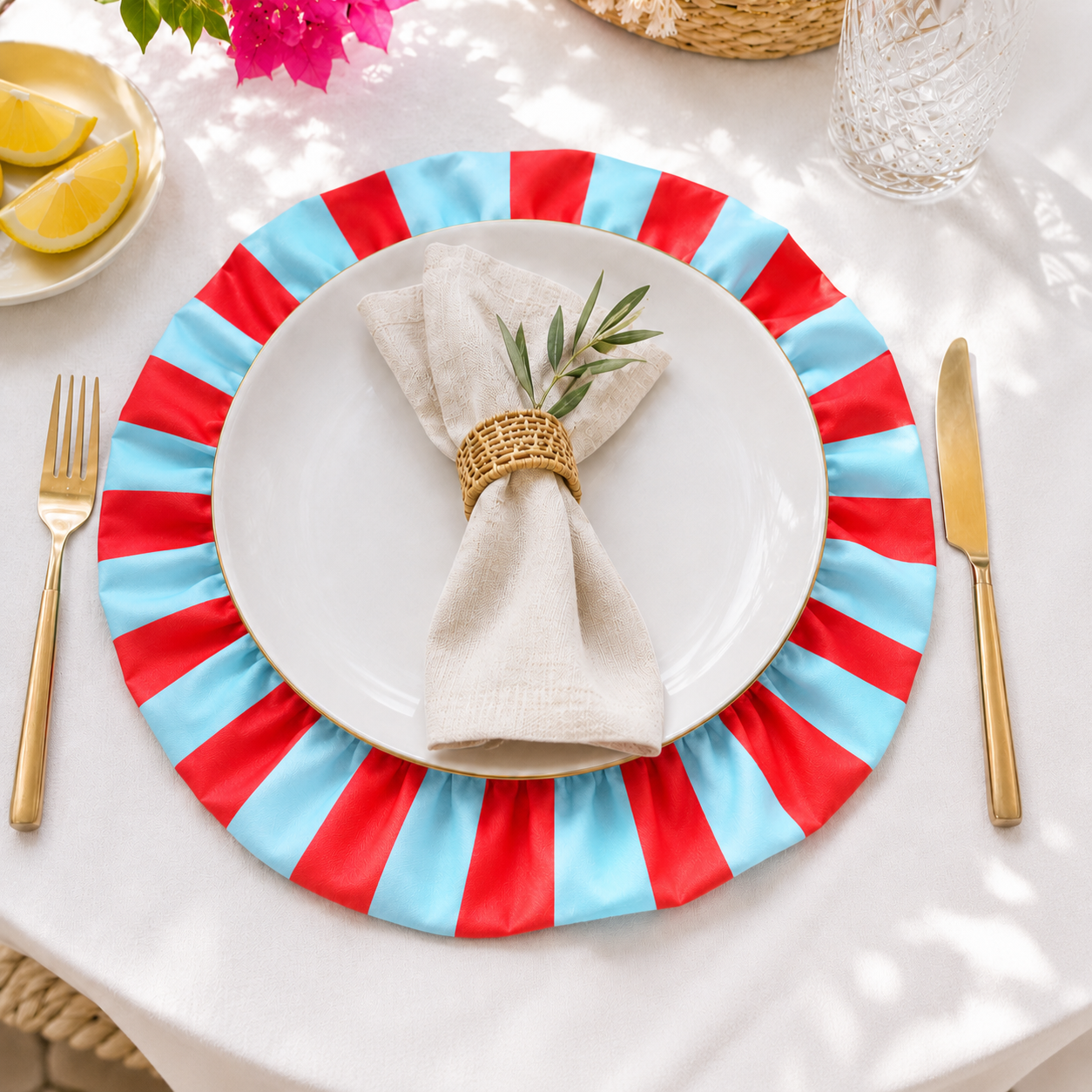 Tovagliette Americane Rotonde con Rouches Righe Rosso/Celeste