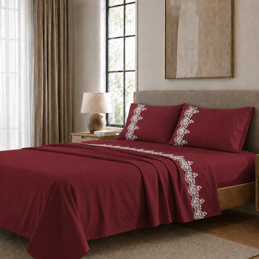 Draps Percale avec Dentelle, Draps Double en Coton Bordeaux