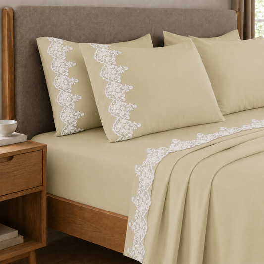 Draps percale avec dentelle, draps double en coton couleur beige