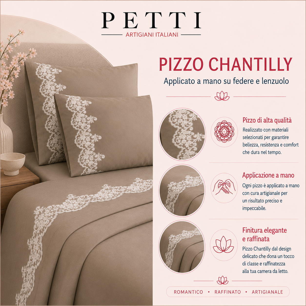 Lenzuola Percalle con Pizzo, Lenzuola Matrimoniali Cotone Beige