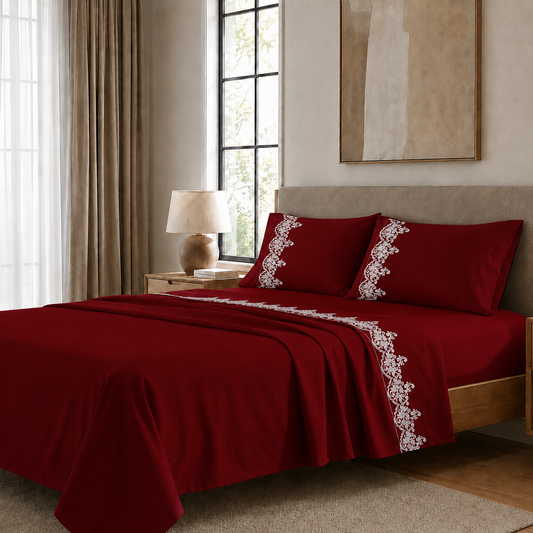 Lenzuola Percalle con Pizzo, Lenzuola Matrimoniali Cotone Bordeaux