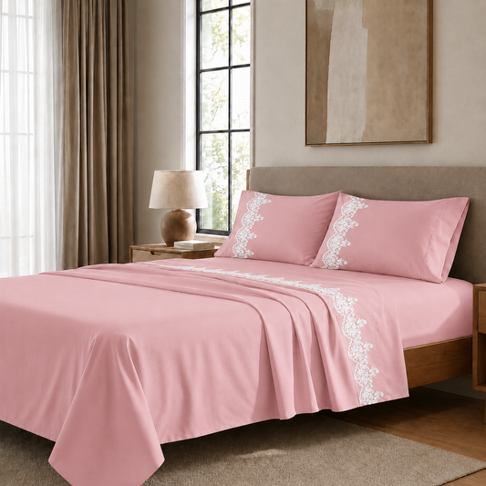 Lenzuola Percalle con Pizzo, Lenzuola Matrimoniali Cotone Rosa