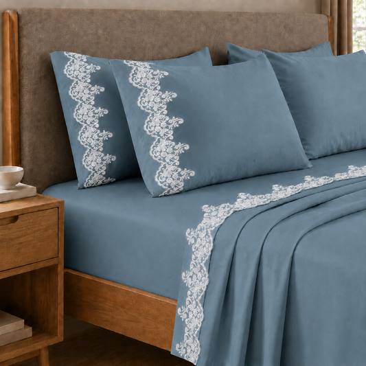 Draps percale avec dentelle, draps double en coton couleur avion