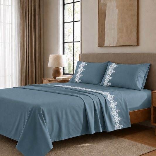Draps percale avec dentelle, draps double en coton couleur avion