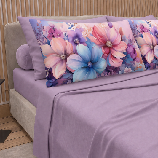 Lenzuola in Cotone, Completo Letto con Federe in Stampa Digitale Petalo 11 Lilla