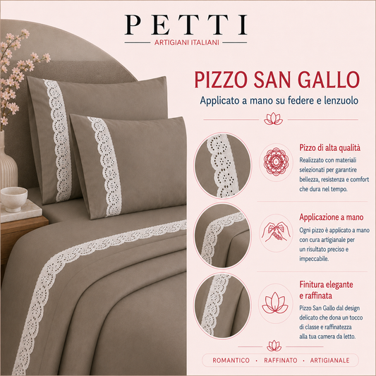 Lenzuola Matrimoniali in Puro Cotone Percalle con Balza in Pizzo San Gallo Grigio