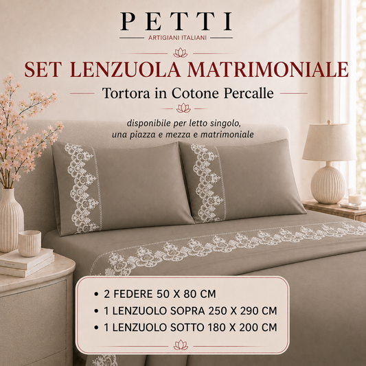 Lenzuola Matrimoniali in Puro Cotone Percalle con Balza in Pizzo Rebrode Beige