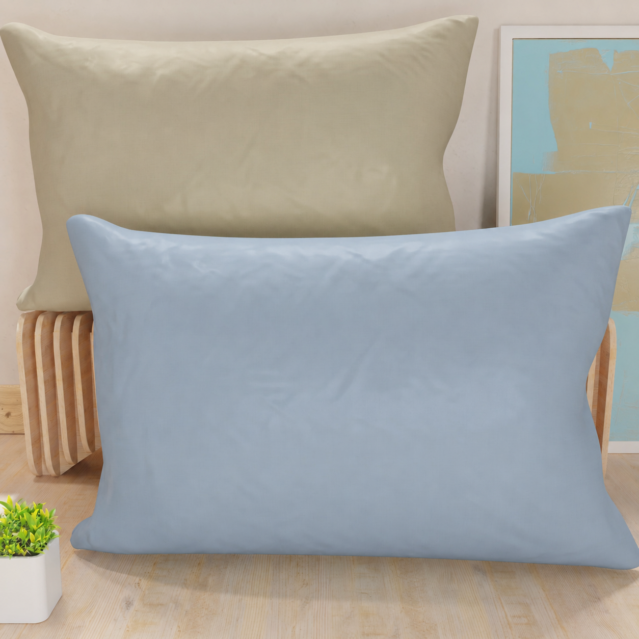 Taies d'oreiller, Paire de taies, Housses de coussin, 100% Microfibre Antiallergique, Taupe/Céleste