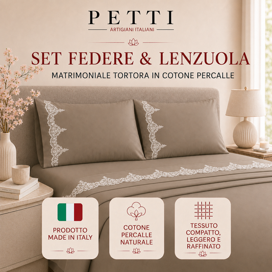 Lenzuola Matrimoniali in Puro Cotone Percalle con Balza in Pizzo Chantilly Grigio