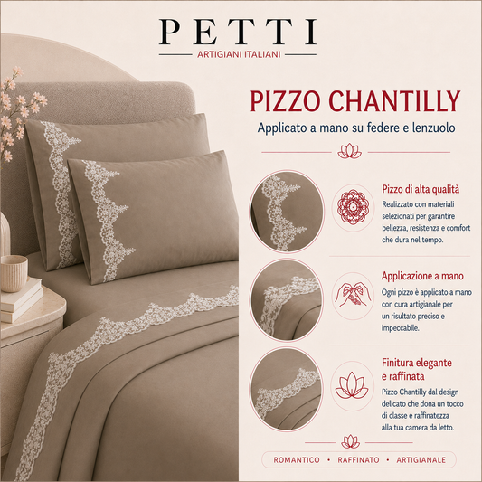 Lenzuola Matrimoniali in Puro Cotone Percalle con Balza in Pizzo Chantilly Grigio Fumo