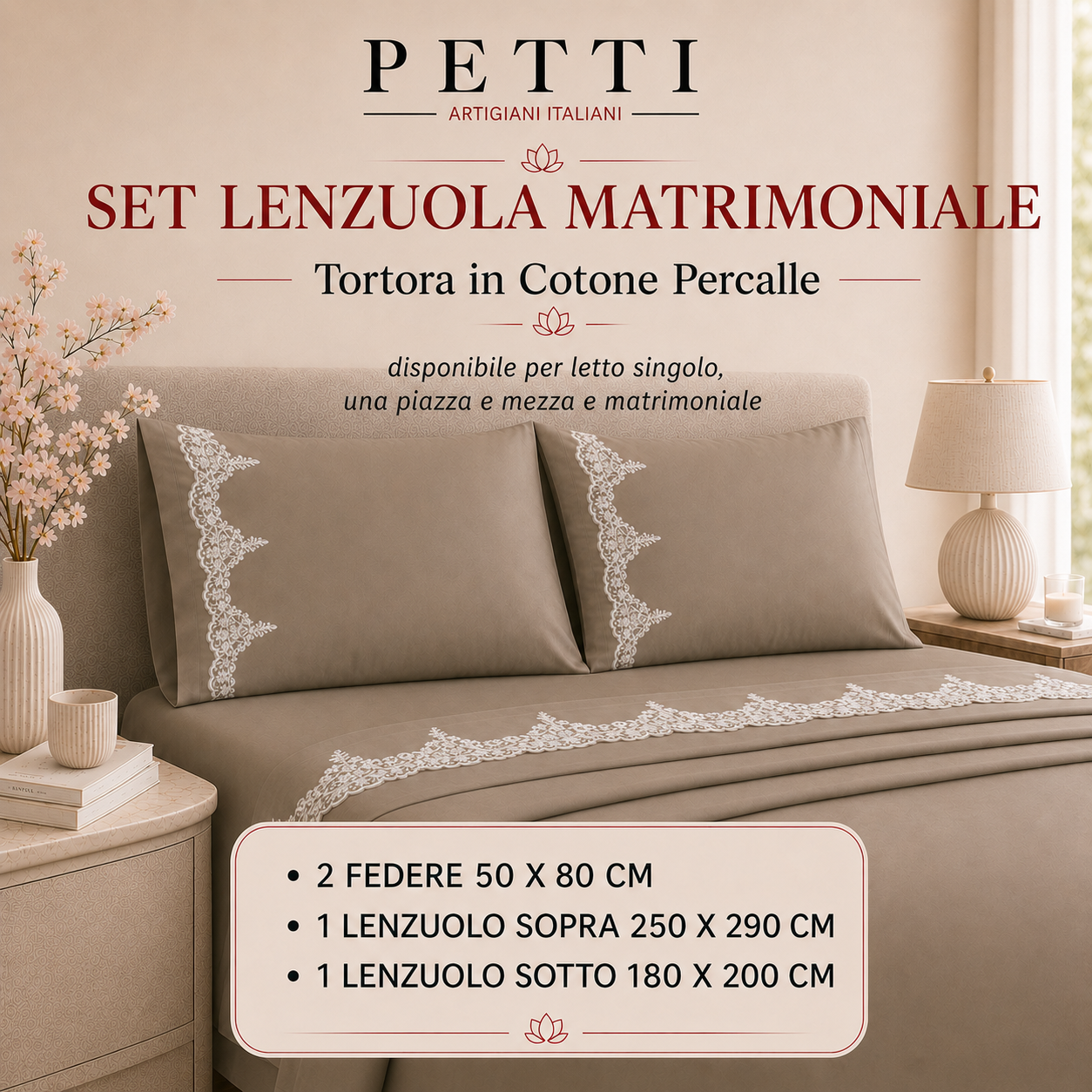 Lenzuola Matrimoniali in Puro Cotone Percalle con Balza in Pizzo Chantilly Celeste