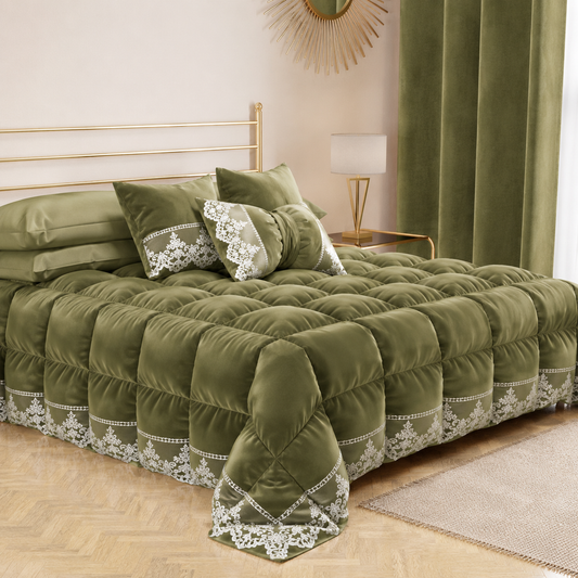 Cuscino Arredo Fiocco in Velluto e Balza con Pizzo Rebrodè 40x50 cm, Cuscino divano Verde Oliva By Sissy