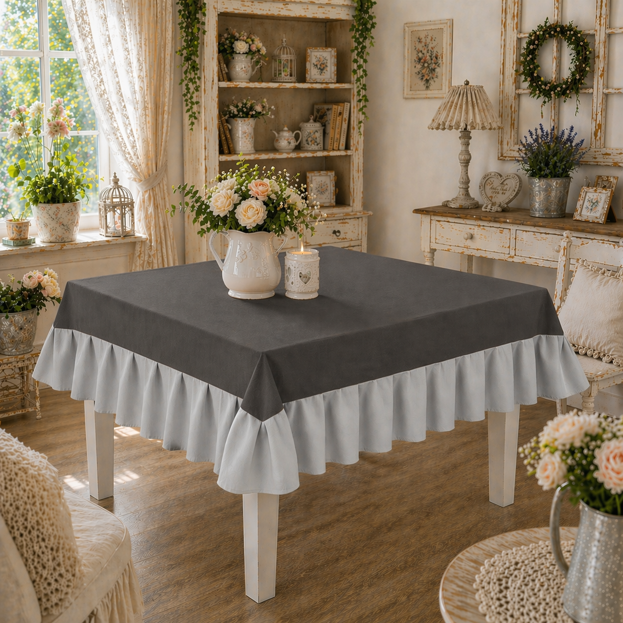 Tovaglia da Tavola Waterproof con Volant Grigio Chiaro / Grigio Scuro