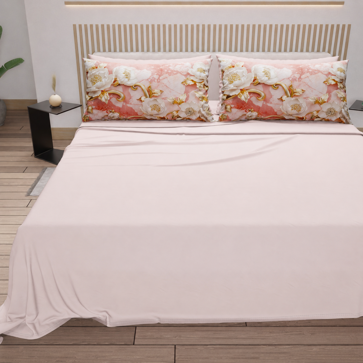 Draps en Coton, Parure de Lit avec Taies d'Oreiller en Impression Numérique Florale 06-11