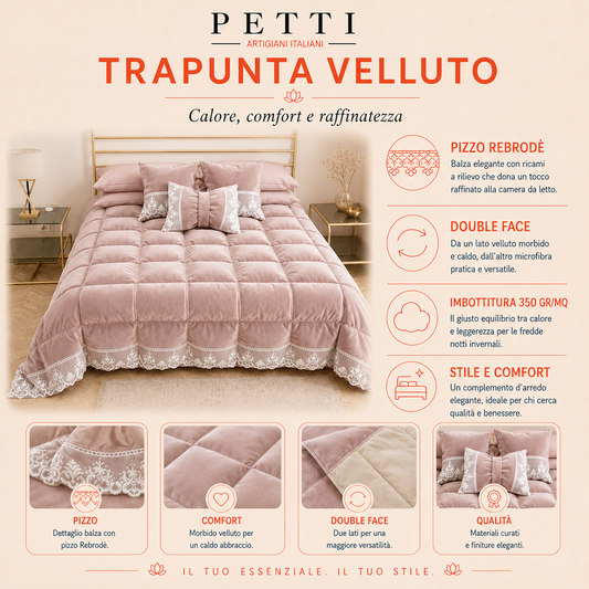 Trapunta Invernale in Morbido e Caldo Velluto e Balza con Pizzo Rebrodè Fango By Sissy