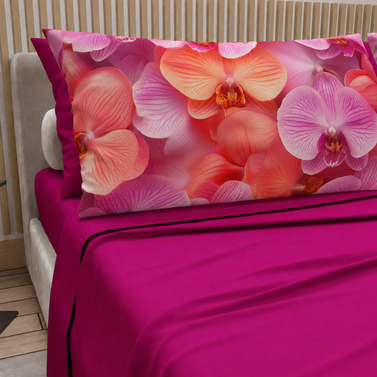 Lenzuola in Cotone, Completo Letto con Federe in Stampa Digitale Petalo 08 Fucsia