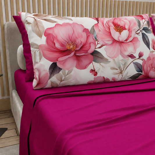 Lenzuola in Cotone, Completo Letto con Federe in Stampa Digitale Petalo 18 Fucsia