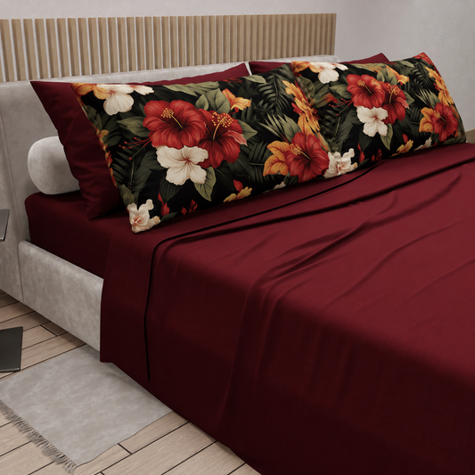 Lenzuola in Cotone, Completo Letto con Federe in Stampa Digitale Petalo 01 Bordeaux.