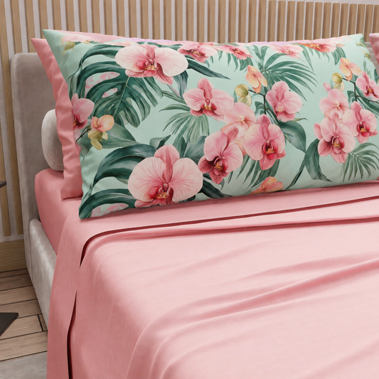 Lenzuola in Cotone, Completo Letto con Federe in Stampa Digitale Petalo 03 Rosa.