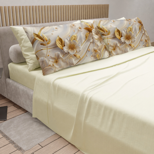 Lenzuola in Cotone, Completo Letto con Federe in Stampa Digitale Petalo 22 Panna