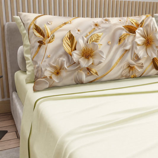 Lenzuola in Cotone, Completo Letto con Federe in Stampa Digitale Petalo 22 Panna