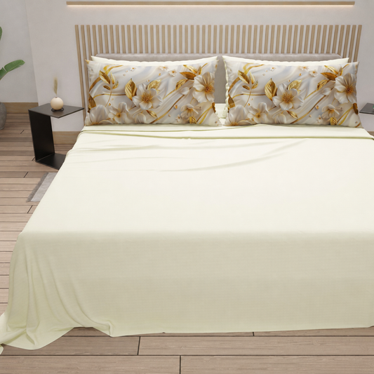 Lenzuola in Cotone, Completo Letto con Federe in Stampa Digitale Petalo 22 Panna