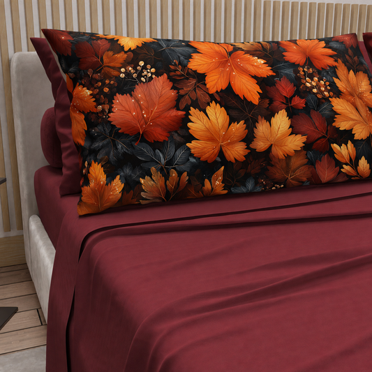 Lenzuola in Cotone, Completo Letto con Federe in Stampa Digitale Autunno 01 Bordeaux