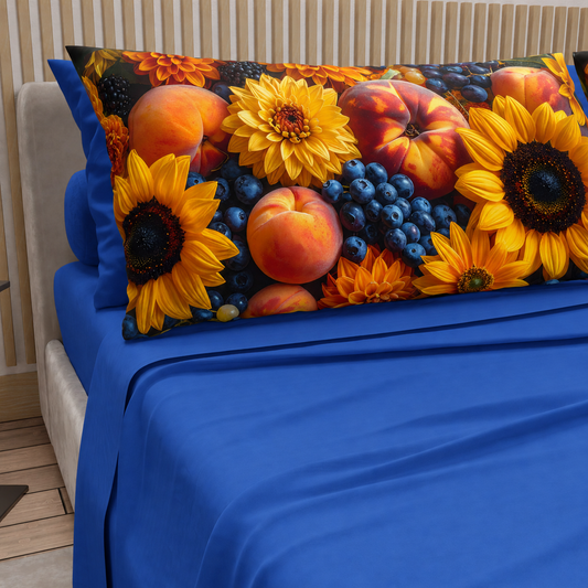 Lenzuola in Cotone, Completo Letto con Federe in Stampa Digitale Autunno 03 Blu Elettrico
