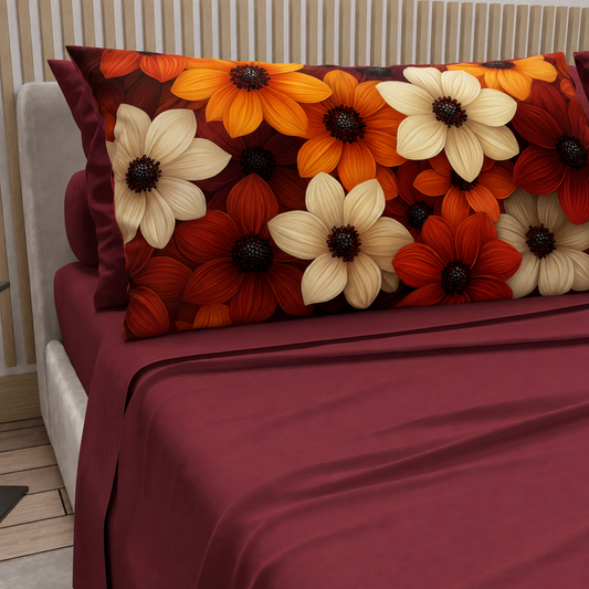 Lenzuola in Cotone, Completo Letto con Federe in Stampa Digitale Autunno 05 Bordeaux