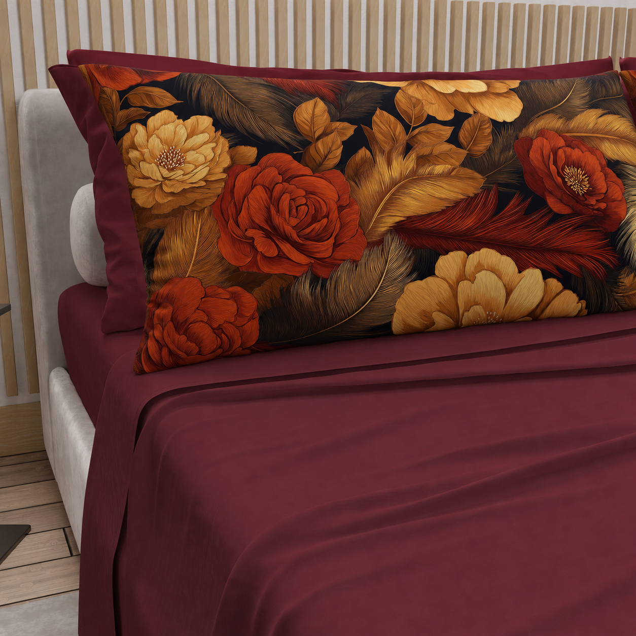 Lenzuola in Cotone, Completo Letto con Federe in Stampa Digitale Autunno 12 Bordeaux