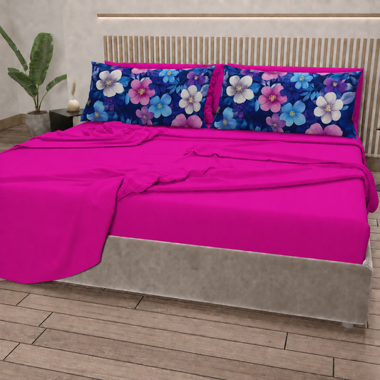 Lenzuola in Cotone, Completo Letto con Federe in Stampa Digitale Petalo 05 Fucsia