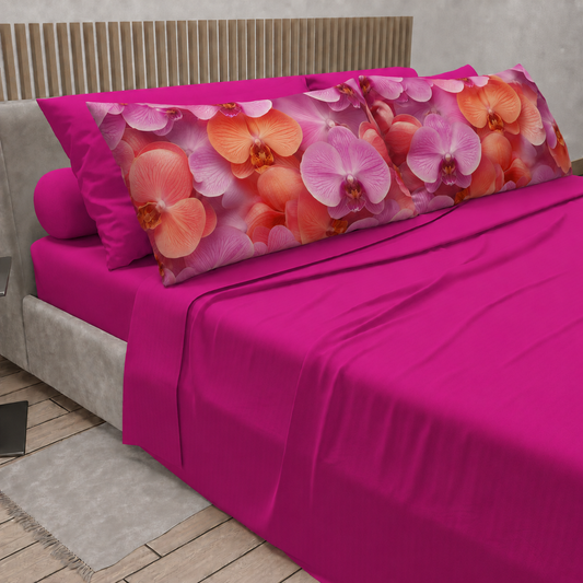 Lenzuola in Cotone, Completo Letto con Federe in Stampa Digitale Petalo 08 Fucsia