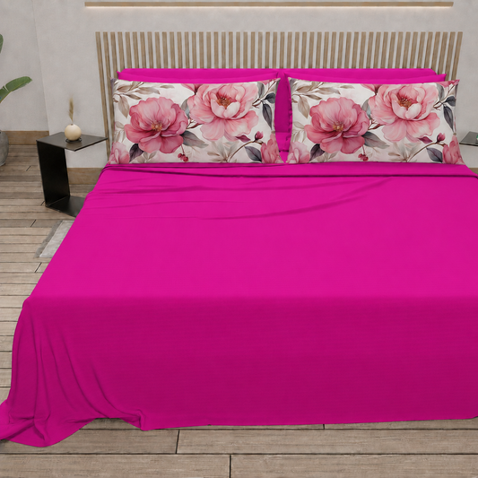 Lenzuola in Cotone, Completo Letto con Federe in Stampa Digitale Petalo 18 Fucsia