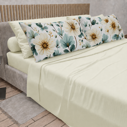 Lenzuola in Cotone, Completo Letto con Federe in Stampa Digitale Petalo 20 Panna