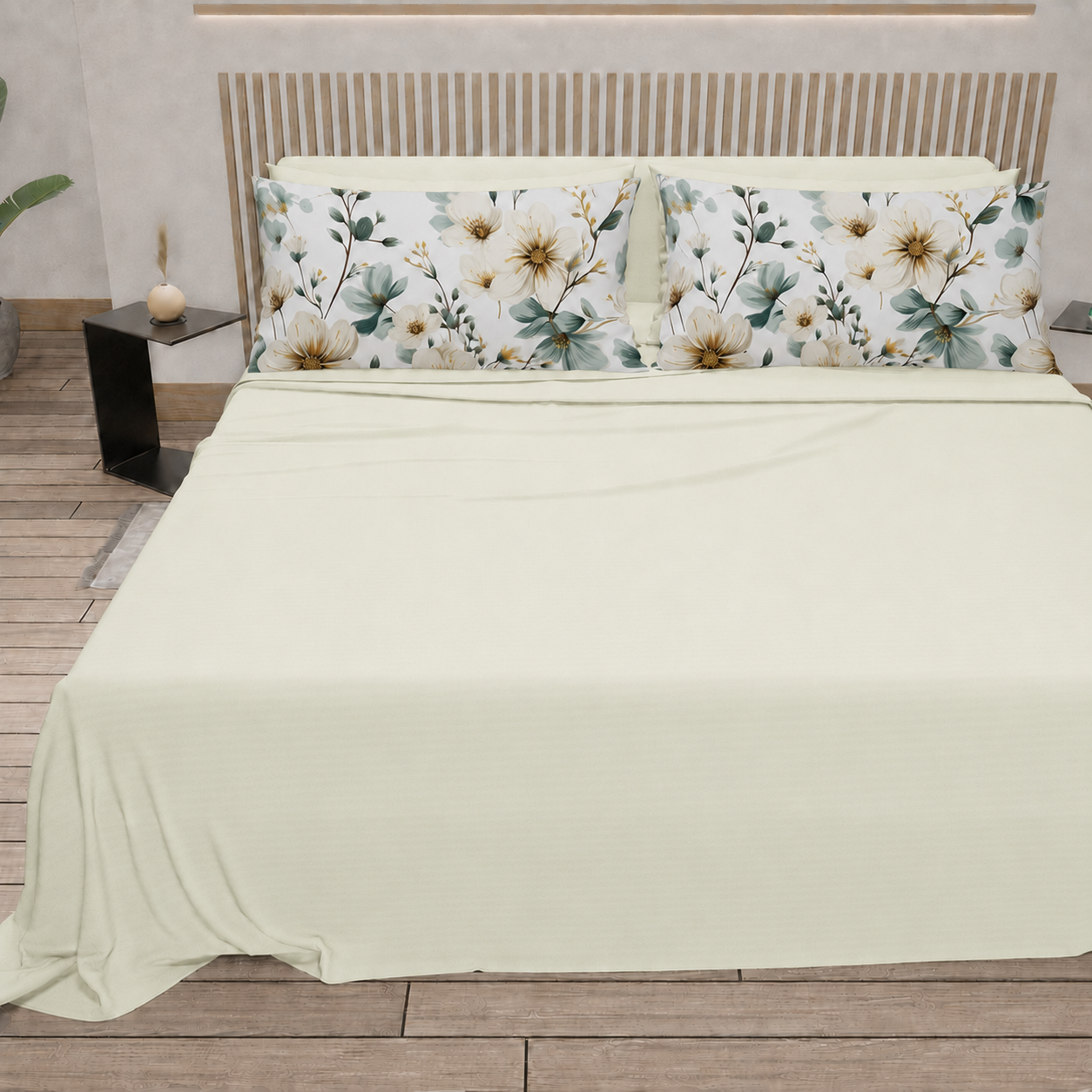 Lenzuola in Cotone, Completo Letto con Federe in Stampa Digitale Petalo 20 Panna