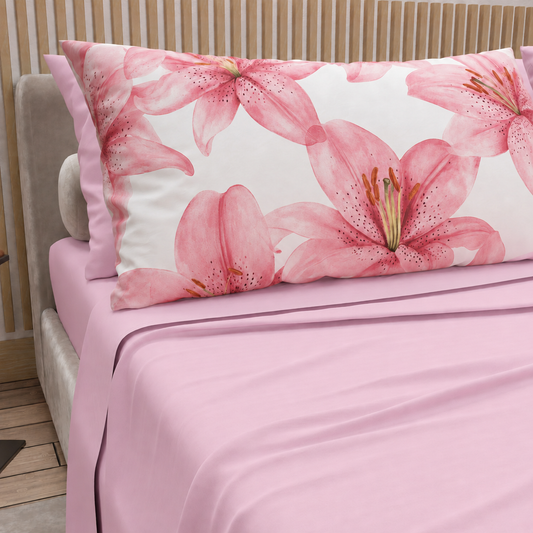 Lenzuola in Cotone, Completo Letto con Federe in Stampa Digitale Petalo 07 Rosa