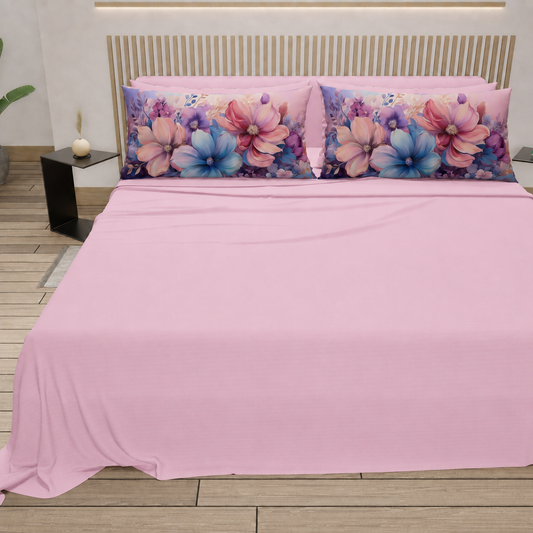 Lenzuola in Cotone, Completo Letto con Federe in Stampa Digitale Petalo 11 Rosa