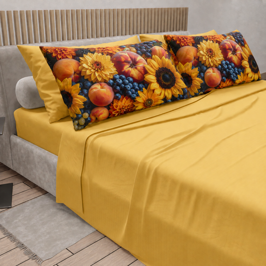 Lenzuola in Cotone, Completo Letto con Federe in Stampa Digitale Autunno 03 Giallo