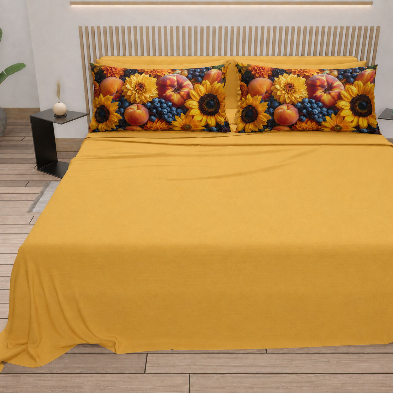 Lenzuola in Cotone, Completo Letto con Federe in Stampa Digitale Autunno 03 Giallo