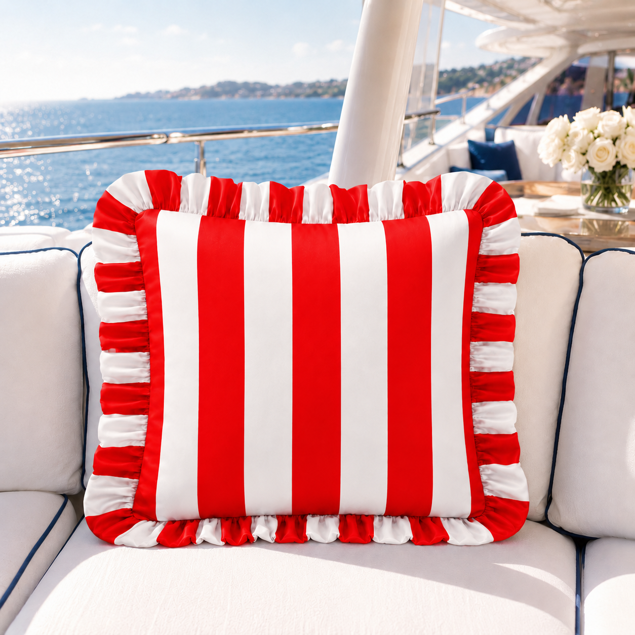 Cuscino Arredo con Rouches Righe Bianco/Rosso