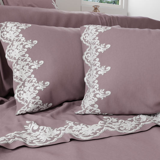 Draps percale avec dentelle, draps double en coton couleur oignon