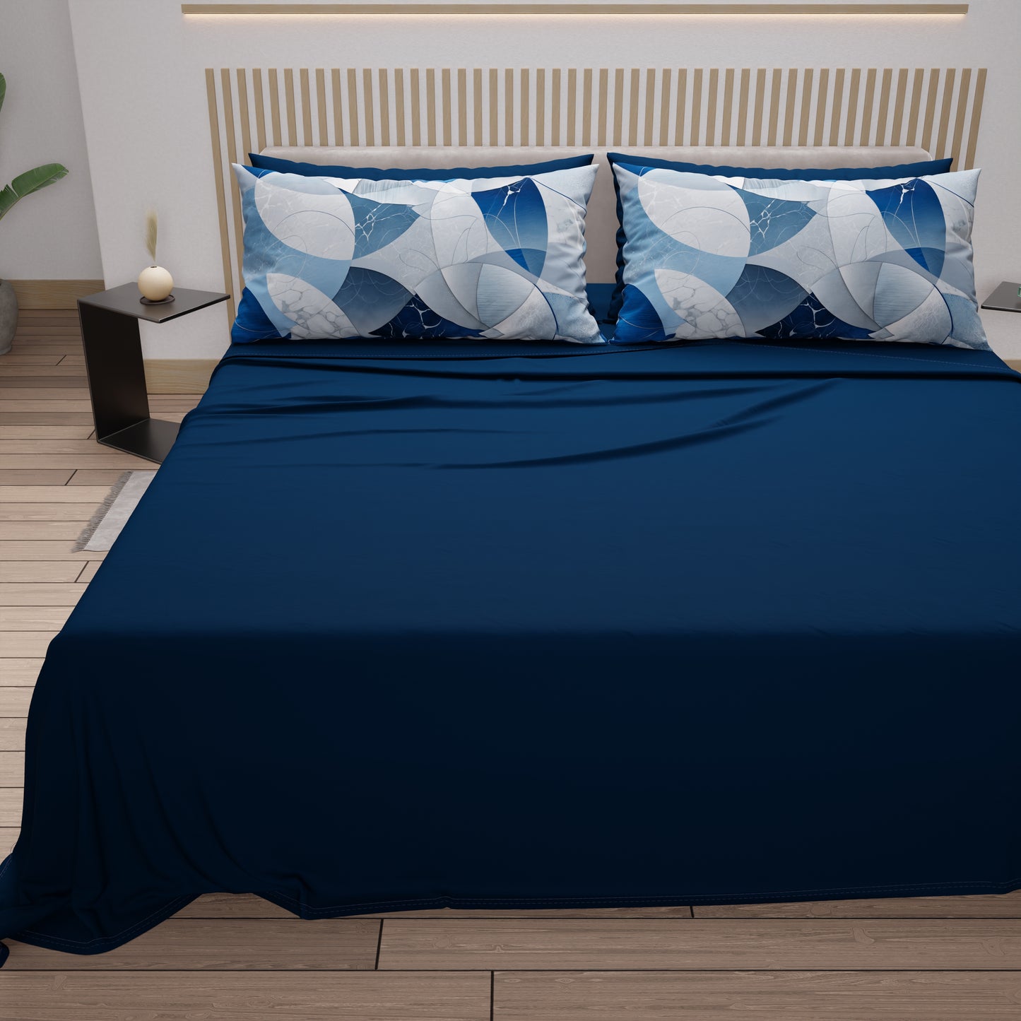 Lenzuola in Cotone, Completo Letto con Federe in Stampa Digitale Geo Cerchio Blu