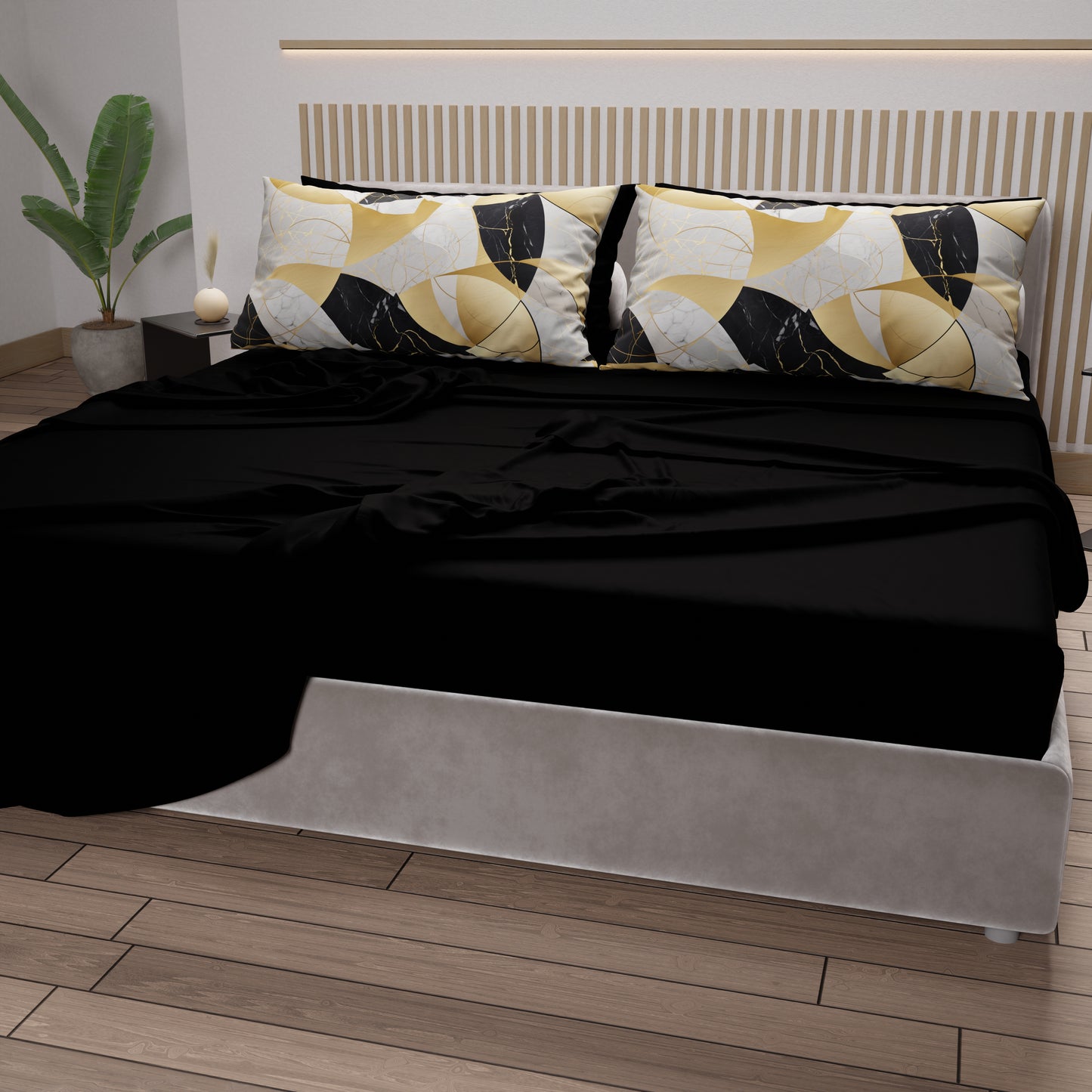 Lenzuola in Cotone, Completo Letto con Federe in Stampa Digitale Geo Cerchio Nero Oro