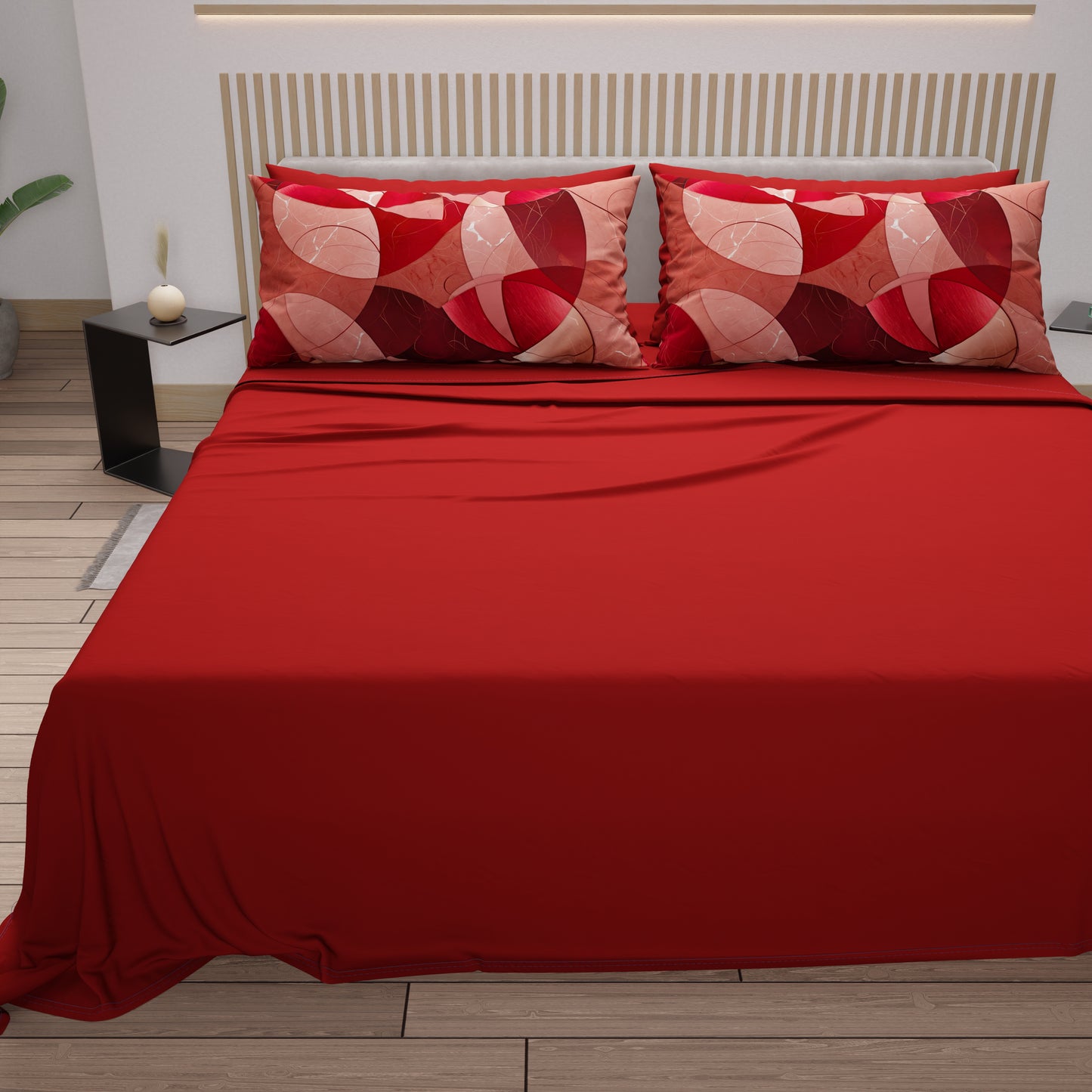 Lenzuola in Cotone, Completo Letto con Federe in Stampa Digitale Geo Cerchio Rosso